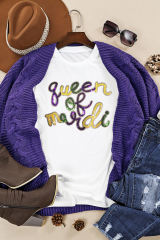 White queen of mardi Sequin Letter Graphic T Shirt