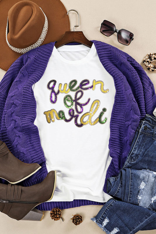 White queen of mardi Sequin Letter Graphic T Shirt