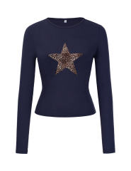 Navy Blue Star Printed Long Sleeve Crop Top