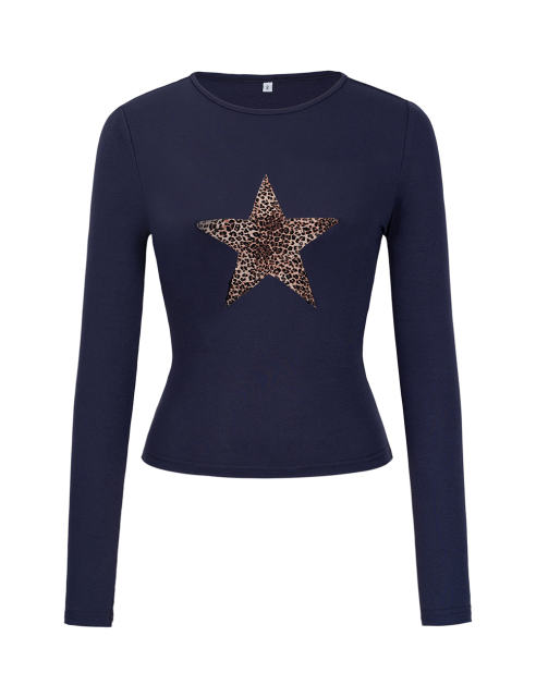 Navy Blue Star Printed Long Sleeve Crop Top