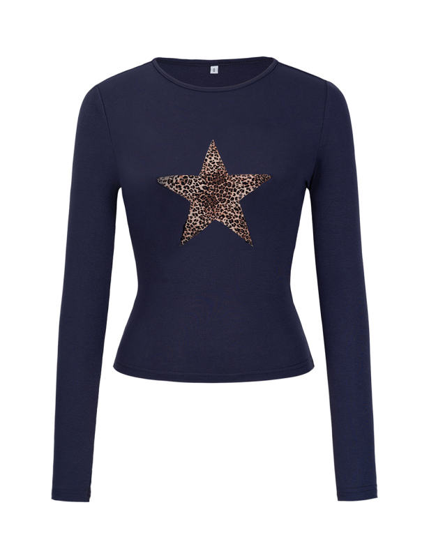 Navy Blue Star Printed Long Sleeve Crop Top