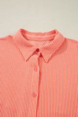 Grapefruit Orange Corded Half Sleeve Button Up High Low Hem Loose Shirt