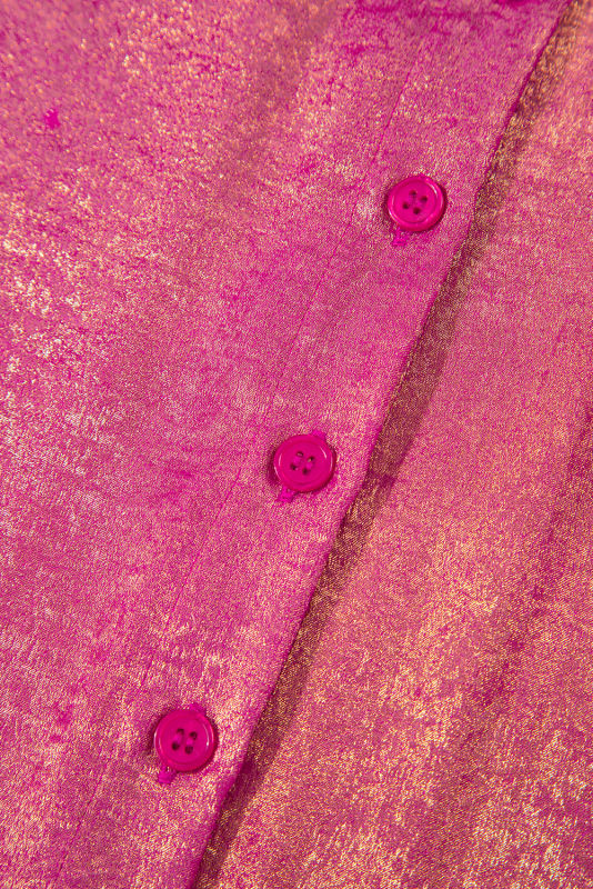 Rose Red Metallic Sheen Short Sleeve Buttoned Front Casual Shirt