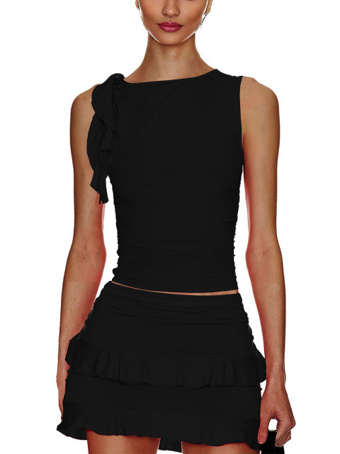 Black Ruffle Detail Sleeveless Tank and Mini Skirt Set
