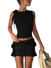Black Ruffle Detail Sleeveless Tank and Mini Skirt Set