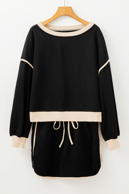 Black Color Contrast Loose Pullover and Lace-up Waist Skort Set