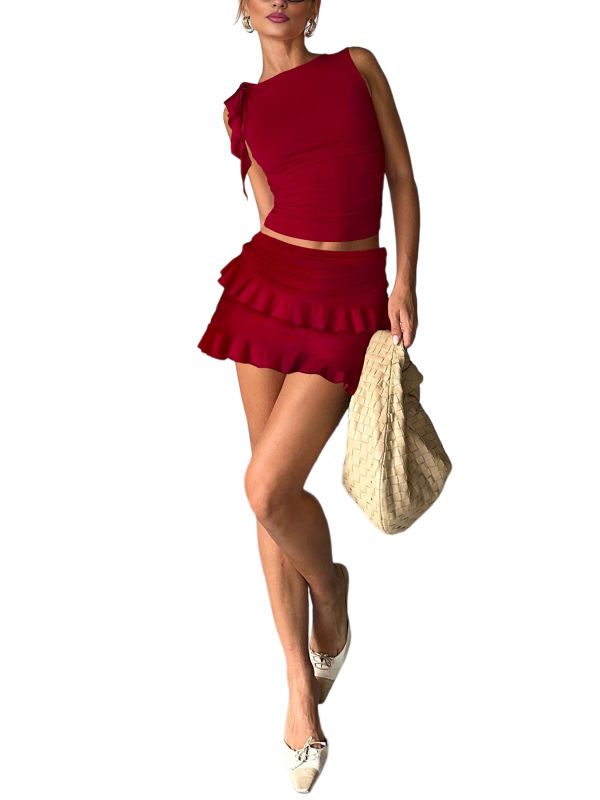 Burgundy Ruffle Detail Sleeveless Tank and Mini Skirt Set