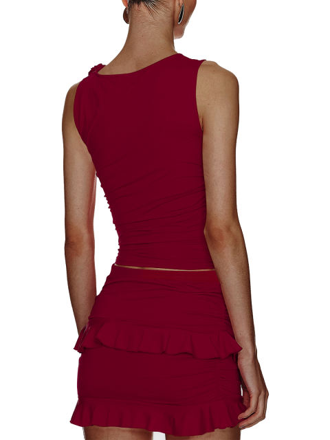 Burgundy Ruffle Detail Sleeveless Tank and Mini Skirt Set