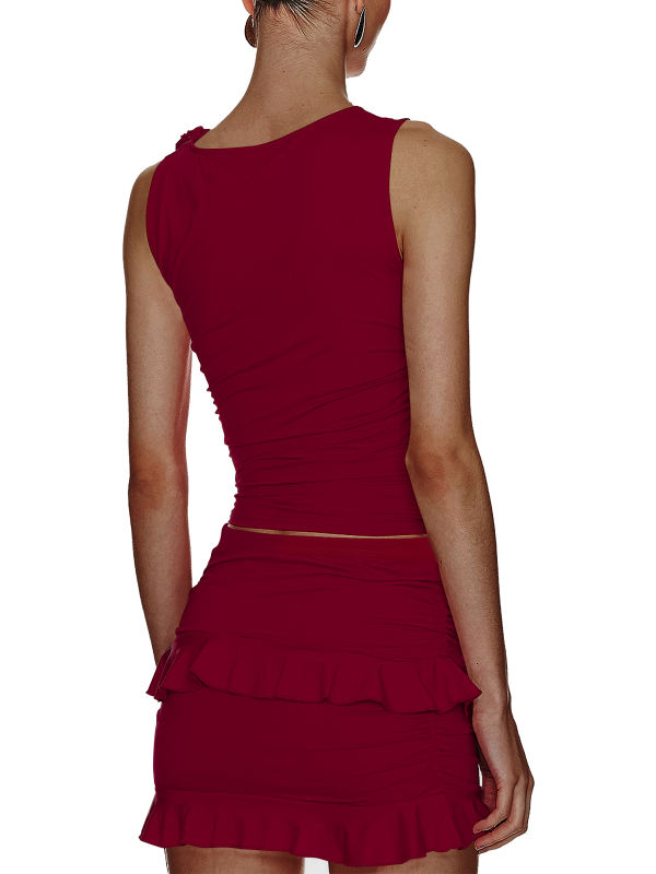 Burgundy Ruffle Detail Sleeveless Tank and Mini Skirt Set