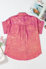 Rose Red Metallic Sheen Short Sleeve Buttoned Front Casual Shirt
