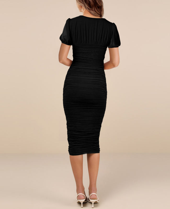 Black Square Neck Puff Short Sleeve Pleated Bodycon Dress
