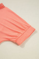 Grapefruit Orange Corded Half Sleeve Button Up High Low Hem Loose Shirt