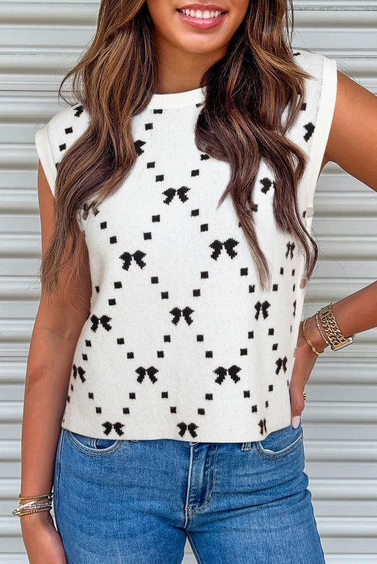 White Bow Pattern Buttoned Side Cropped Sweater Vest