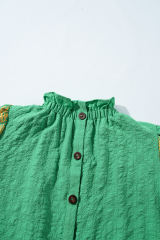 Bright Green Floral Puff Short Sleeve Ruffled Collar Button Back Top