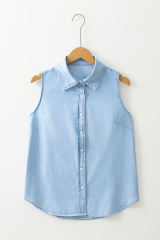Light Blue Denim Collared Sleeveless Shirt
