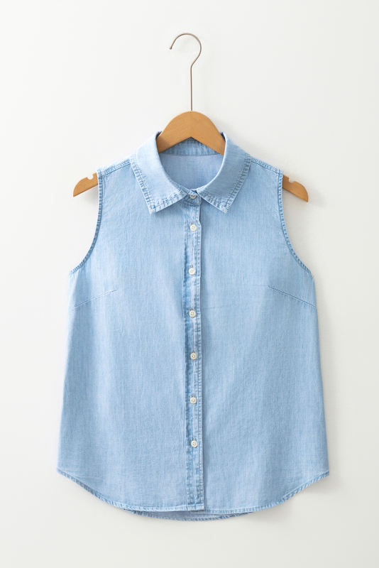 Light Blue Denim Collared Sleeveless Shirt