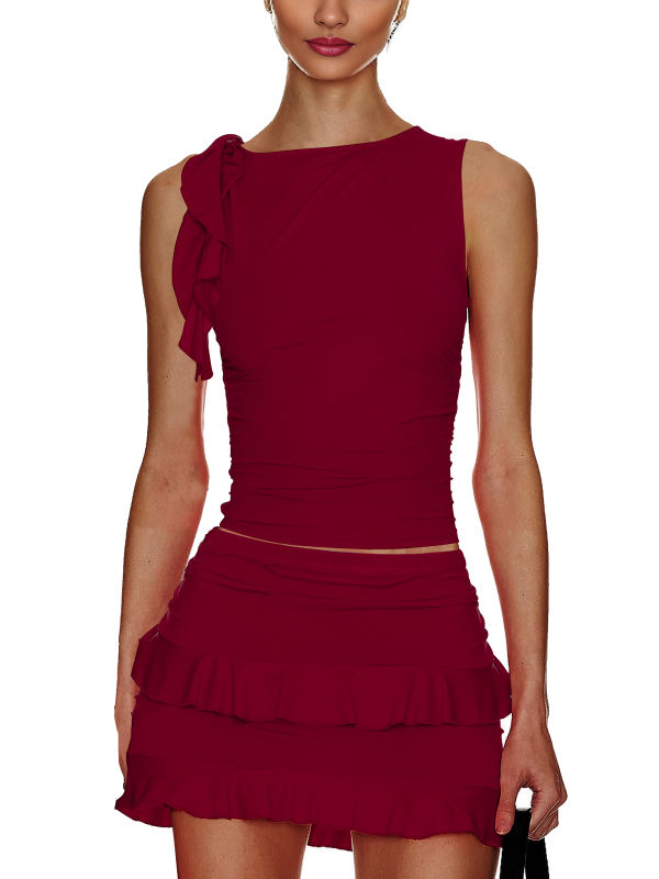 Burgundy Ruffle Detail Sleeveless Tank and Mini Skirt Set