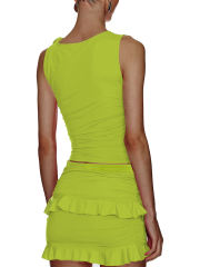 Fluorescent Green Ruffle Detail Sleeveless Tank and Mini Skirt Set