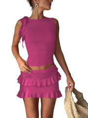 Rosy Ruffle Detail Sleeveless Tank and Mini Skirt Set