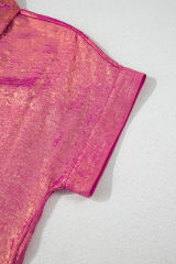 Rose Red Metallic Sheen Short Sleeve Buttoned Front Casual Shirt