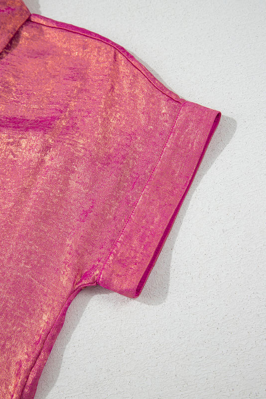 Rose Red Metallic Sheen Short Sleeve Buttoned Front Casual Shirt