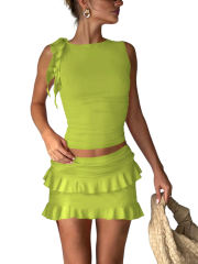 Fluorescent Green Ruffle Detail Sleeveless Tank and Mini Skirt Set