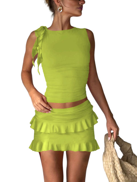 Fluorescent Green Ruffle Detail Sleeveless Tank and Mini Skirt Set