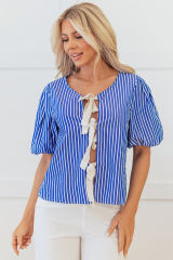 Blue Stripe Tied Front Puff Short Sleeve Blouse