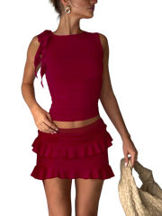 Burgundy Ruffle Detail Sleeveless Tank and Mini Skirt Set