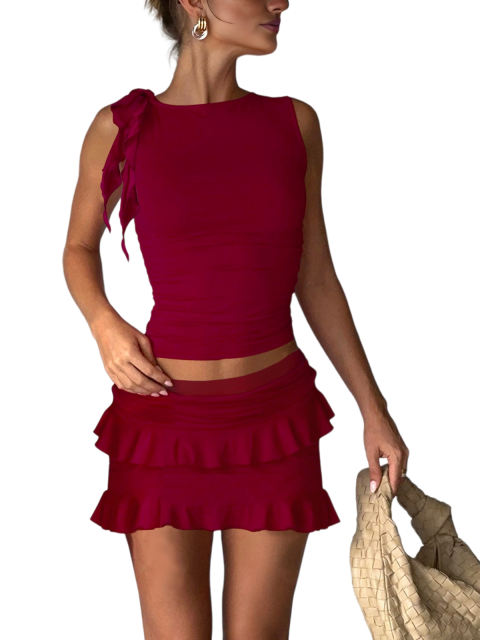 Burgundy Ruffle Detail Sleeveless Tank and Mini Skirt Set