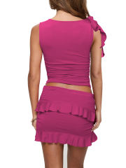 Rosy Ruffle Detail Sleeveless Tank and Mini Skirt Set