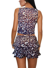 Leopard Print Ruffle Detail Sleeveless Tank and Mini Skirt Set