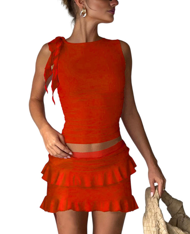 Tangerine Ruffle Detail Sleeveless Tank and Mini Skirt Set