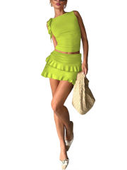 Fluorescent Green Ruffle Detail Sleeveless Tank and Mini Skirt Set