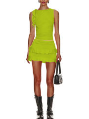 Fluorescent Green Ruffle Detail Sleeveless Tank and Mini Skirt Set