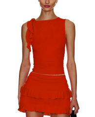 Tangerine Ruffle Detail Sleeveless Tank and Mini Skirt Set
