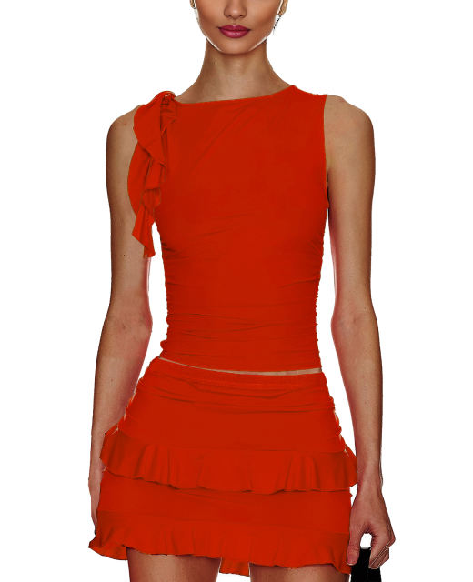 Tangerine Ruffle Detail Sleeveless Tank and Mini Skirt Set