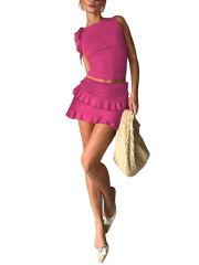 Rosy Ruffle Detail Sleeveless Tank and Mini Skirt Set