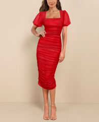 Red Square Neck Puff Short Sleeve Pleated Bodycon Dress