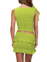 Fluorescent Green Ruffle Detail Sleeveless Tank and Mini Skirt Set
