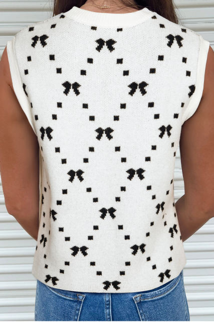 White Bow Pattern Buttoned Side Cropped Sweater Vest