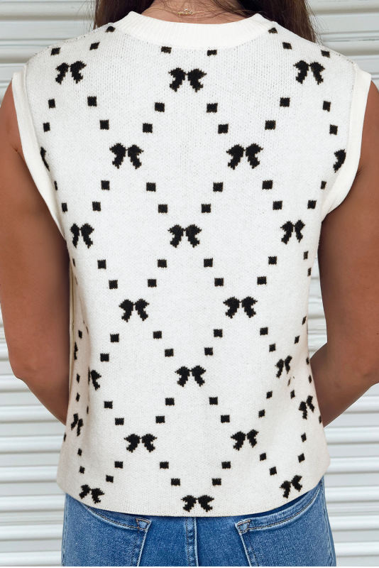 White Bow Pattern Buttoned Side Cropped Sweater Vest