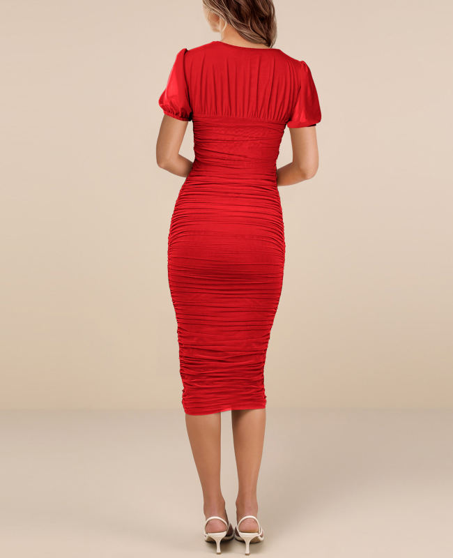 Red Square Neck Puff Short Sleeve Pleated Bodycon Dress