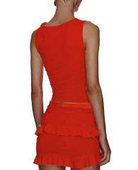 Tangerine Ruffle Detail Sleeveless Tank and Mini Skirt Set