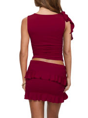 Burgundy Ruffle Detail Sleeveless Tank and Mini Skirt Set