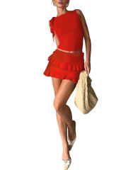 Tangerine Ruffle Detail Sleeveless Tank and Mini Skirt Set