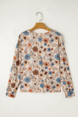 Khaki Floral Print Loose Crew Neck Long Sleeve T Shirt