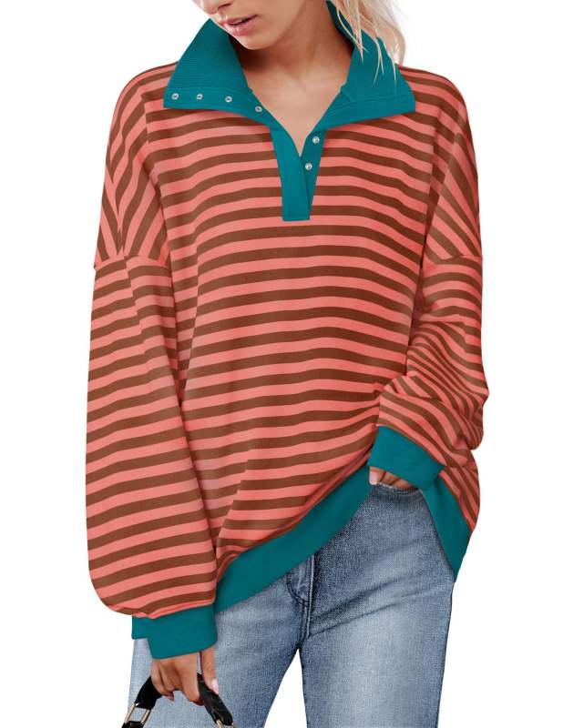 Striped Print Contrast Malachite Green Trim Lapel Collar Sweatshirt