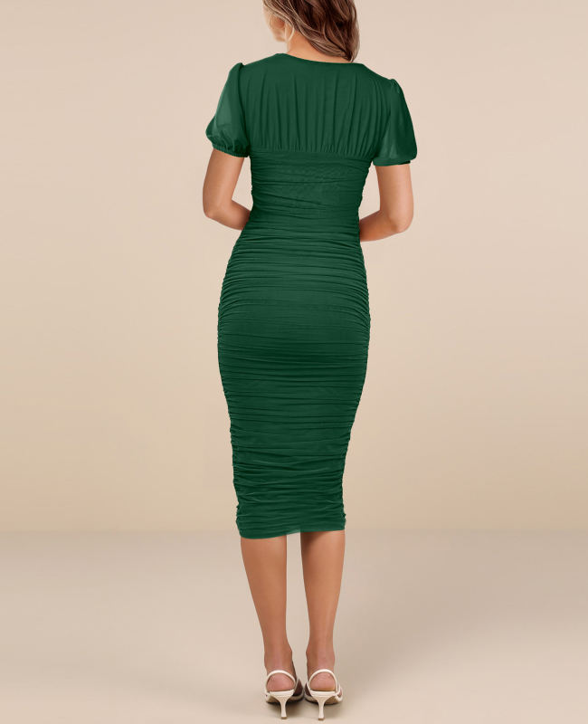 Green Square Neck Puff Short Sleeve Pleated Bodycon Dress
