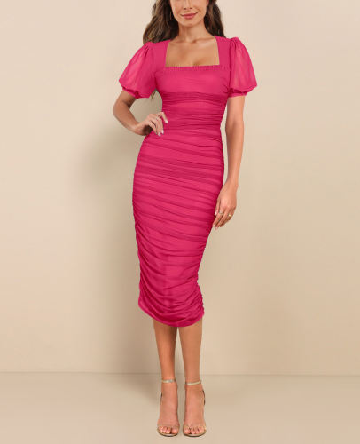 Rosy Square Neck Puff Short Sleeve Pleated Bodycon Dress